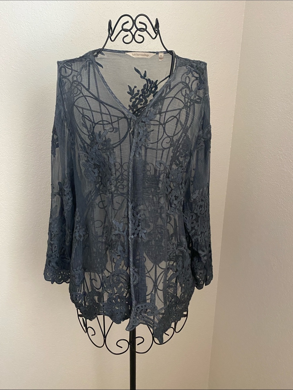 Soft Surroundings Silk Navy Floral Sheer Jacket